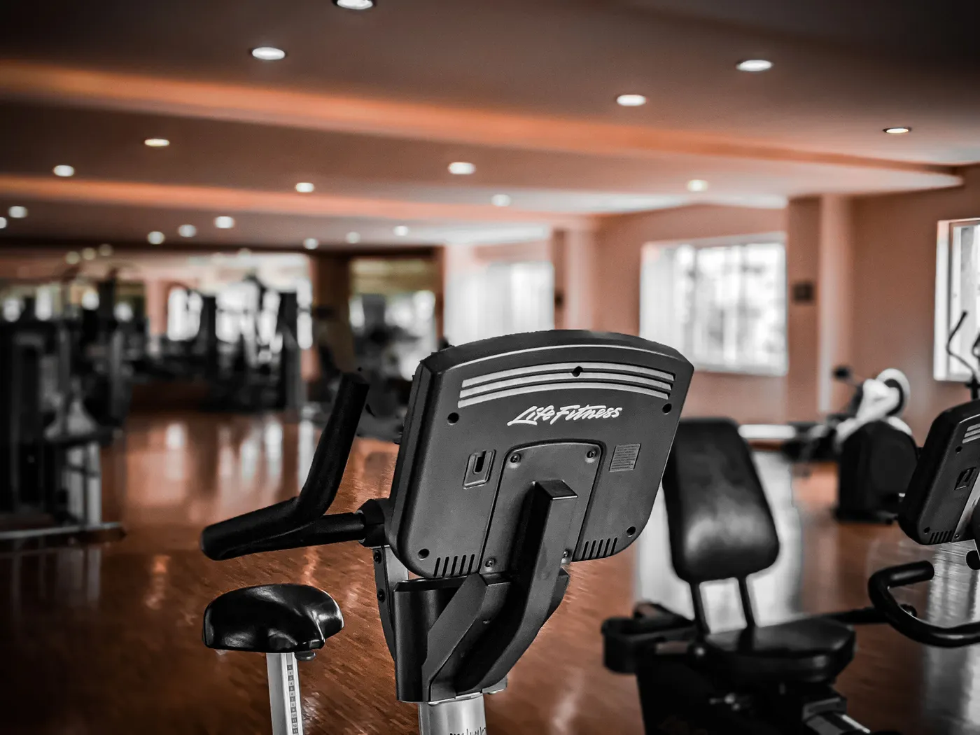 Dramatic high-angle shot of a premium commercial treadmill workplace